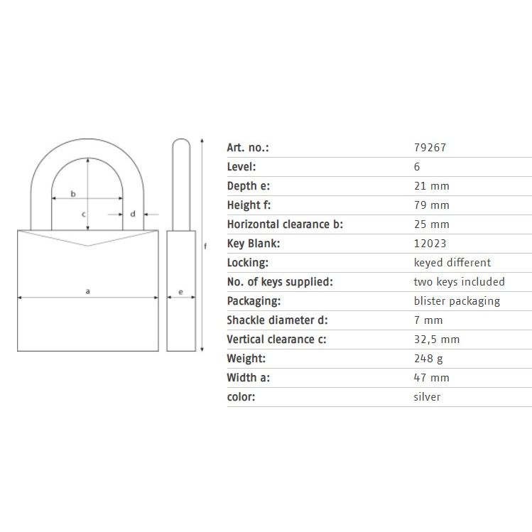 Lukk Abus 79267, hõbe v., 79 mm x 47 mm