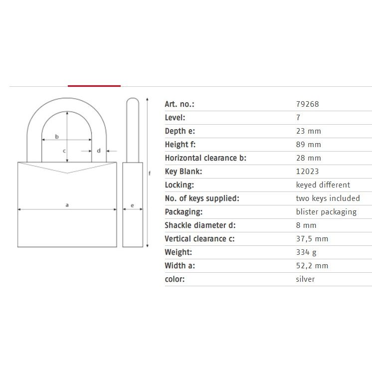 Lukk Abus 79268, hõbe v., 89 mm x 52 mm