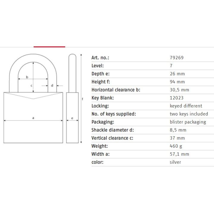 Lukk Abus 79269, hõbe v., 94 mm x 57 mm