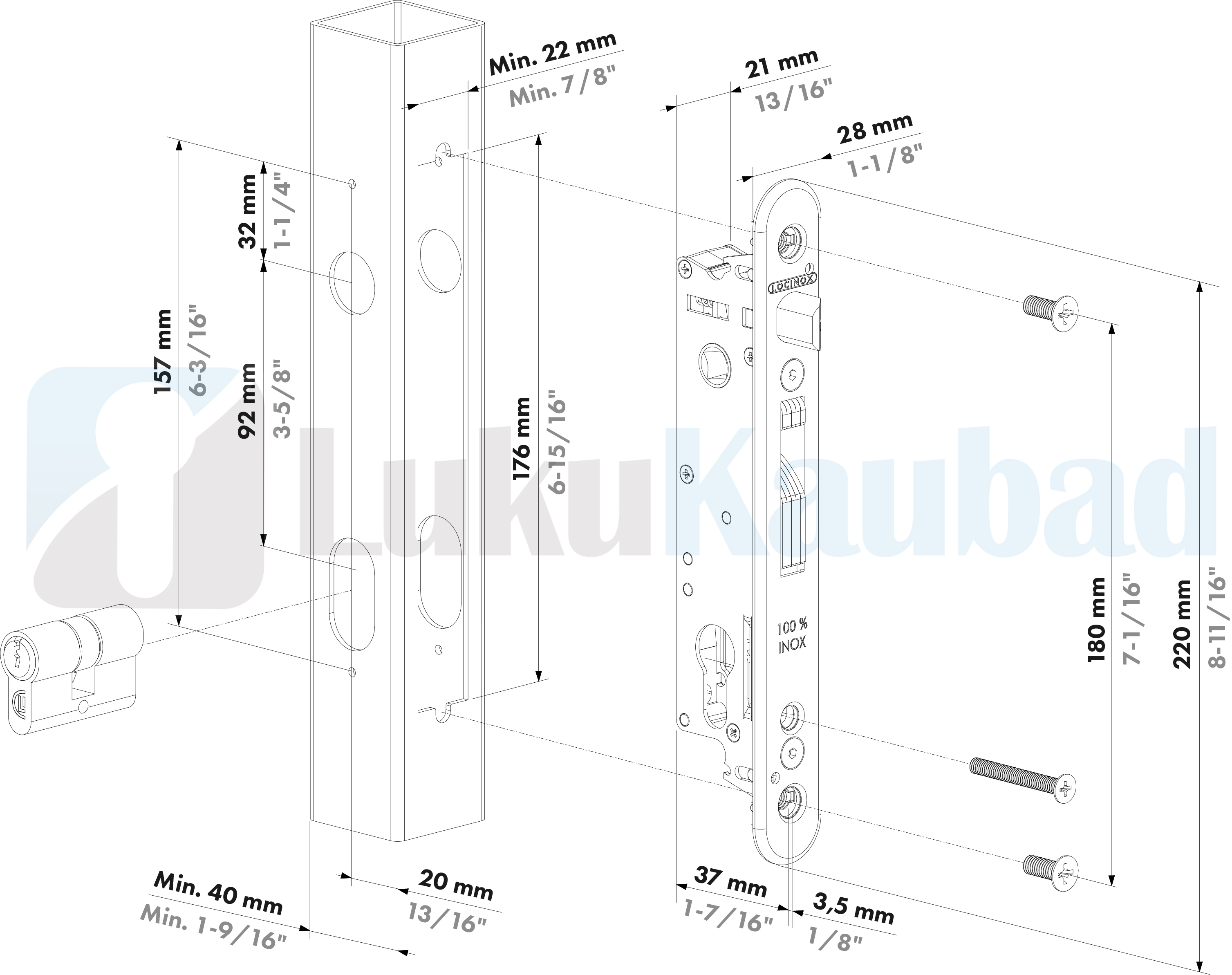 Jalgvärava raamisisene lukukorpus LOCINOX Fortylock 92/20 mm