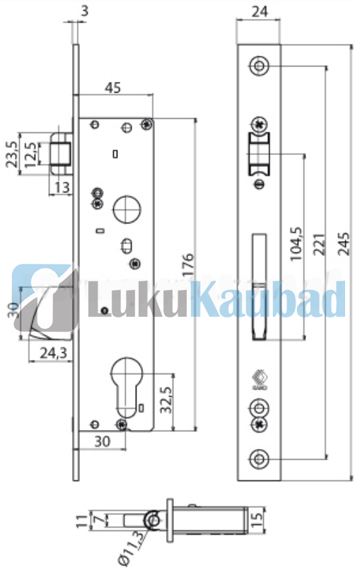 Profiilukse lukukorpus Karo/Romb KP-30 92/30 P Inox 3x24mm