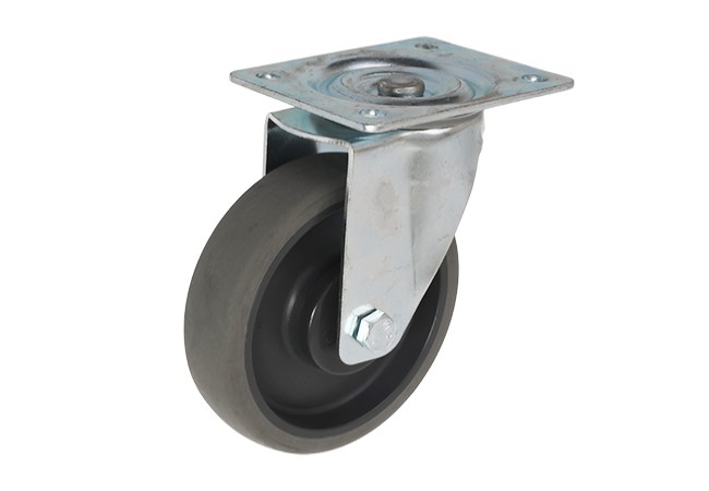 Swivel Castor Wheel 200mm Grey Elastic Rubber Plate Mount 225kg Load Capacity