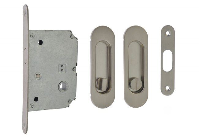 WC Sliding Door Lock with Oval Escutcheon 125x33mm Satin Finish Mortise Privacy Kit