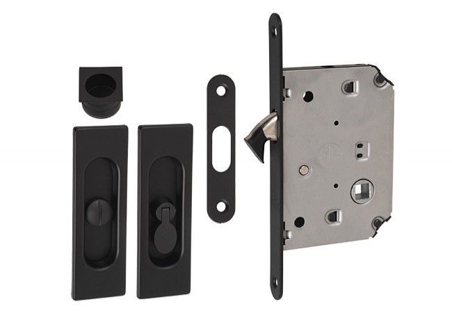 Sliding Door Mortise Lock Set with Rectangular Flush WC Handles Matte Black