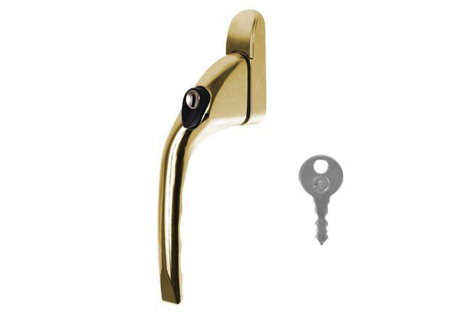 Window Handle with Key Left Angled Grip 35mm Spindle Polished Gold Casement