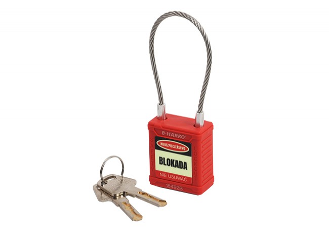 Safety padlock B-Harko Lockout with adjustable cable ? 3.2×150 mm, 2 keys KD System, red