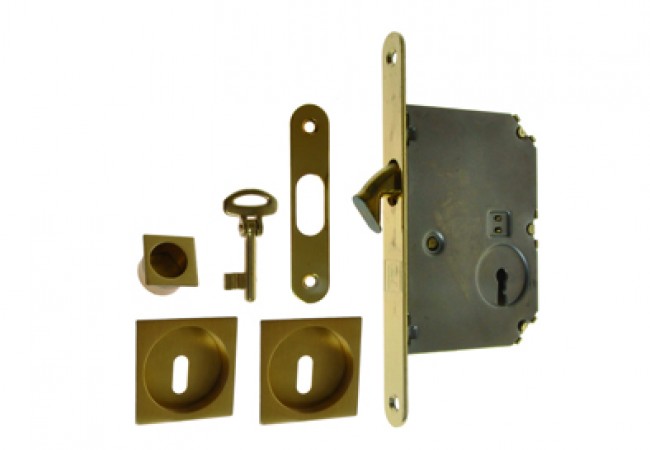 Sliding Door Mortise Lock Set Square Recessed Handles Satin Gold Flush Modern