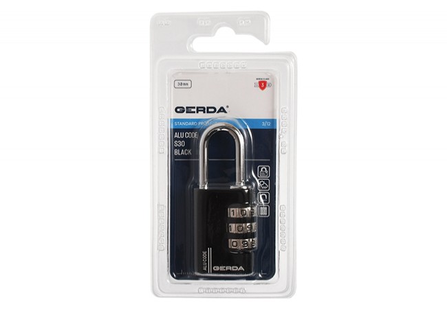 Gerda ALU CODE KAS S30 Combination Padlock 28mm Aluminum Black Resettable Code