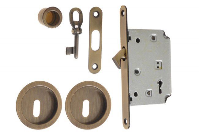 KL OG-patyna Mortise Lock Set for Sliding Doors Complete Kit Antique Patina