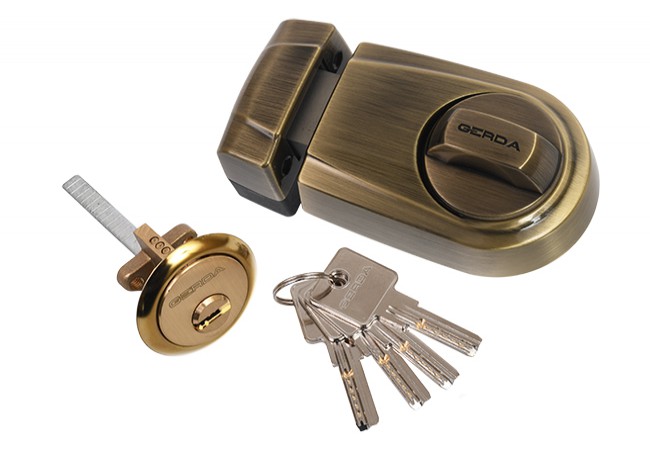 Gerda ZG 200 reinforced rim lock, antique brass, 4 dimple keys