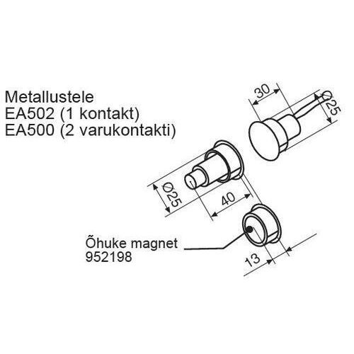 UKSEKONTAKT ABLOY EA502 (metall/profiilustele) kahe juhtmega,d=25mm/Cap=12mm (NC tüüp;100V; 0,5Amax; 7,5Wmax), Hall