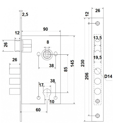 Metallukse lukk Apecs 85/50/231mm tsingitud